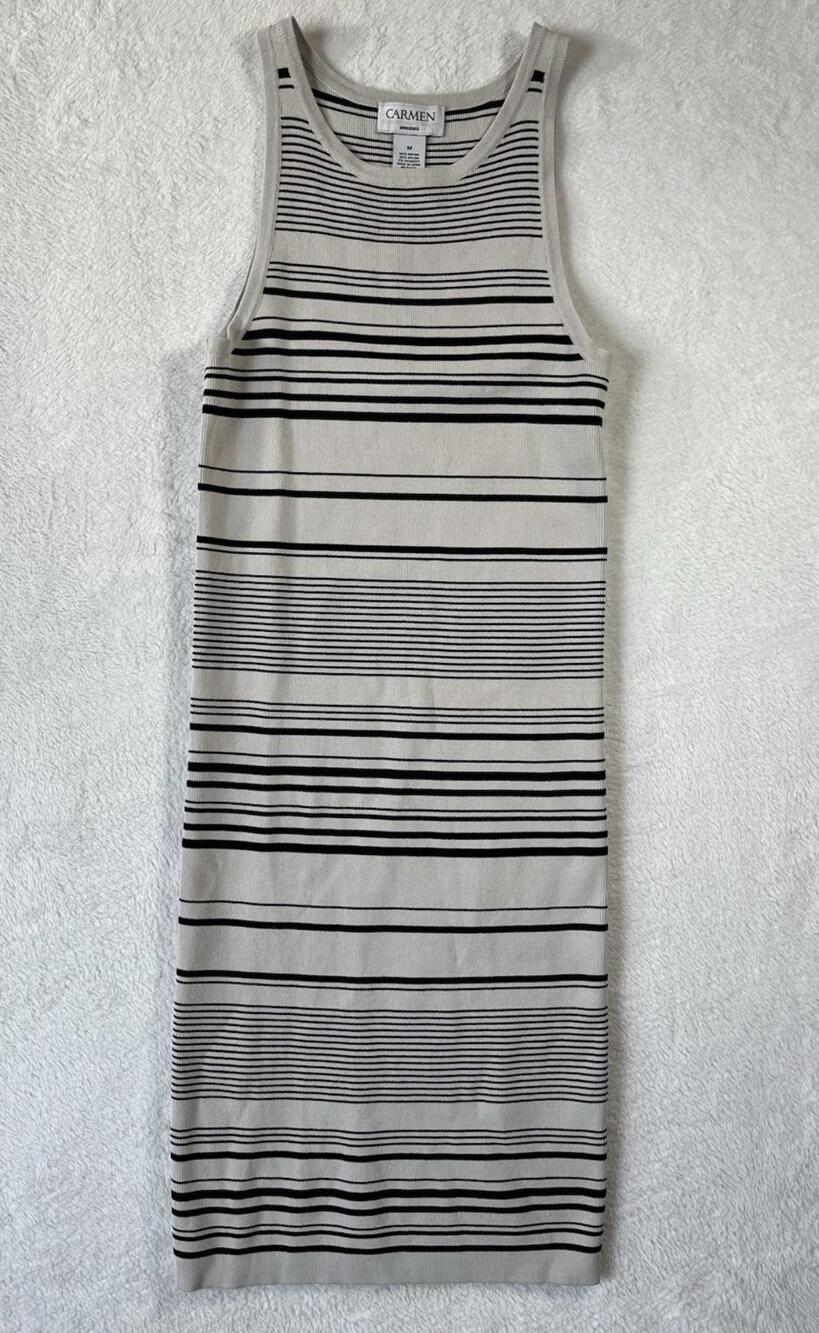 Carmen Marc Valvo Dress Womens Medium Gray Striped Tank Sweater Knee Length